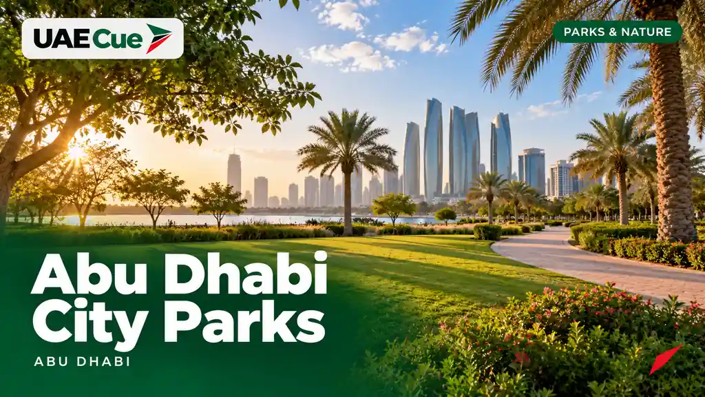 Editorial illustration for the Abu Dhabi City Parks guide, showing green lawns and palm-lined city park paths.