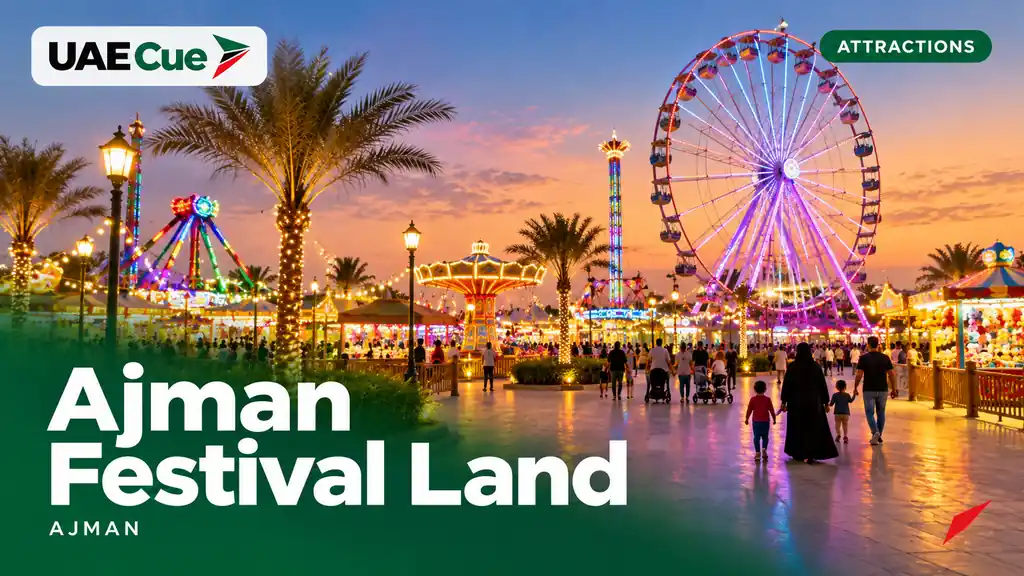 Editorial illustration for the Ajman Festival Land guide, showing illuminated fairground rides at dusk.