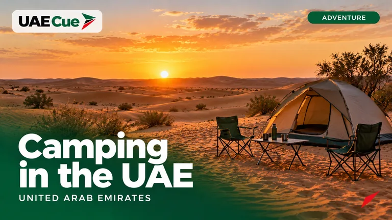 Editorial illustration for the Camping in the UAE guide, showing a tent and chairs among desert dunes at sunset.