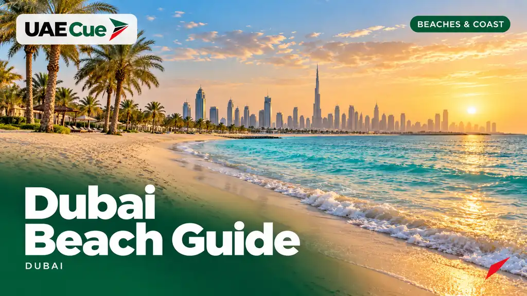 Editorial illustration for the Dubai Beach Guide guide, showing a broad sandy Dubai beach and turquoise sea.