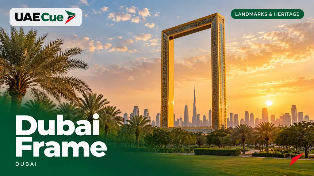 Editorial illustration for the Dubai Frame guide, showing the golden Dubai Frame above park lawns.