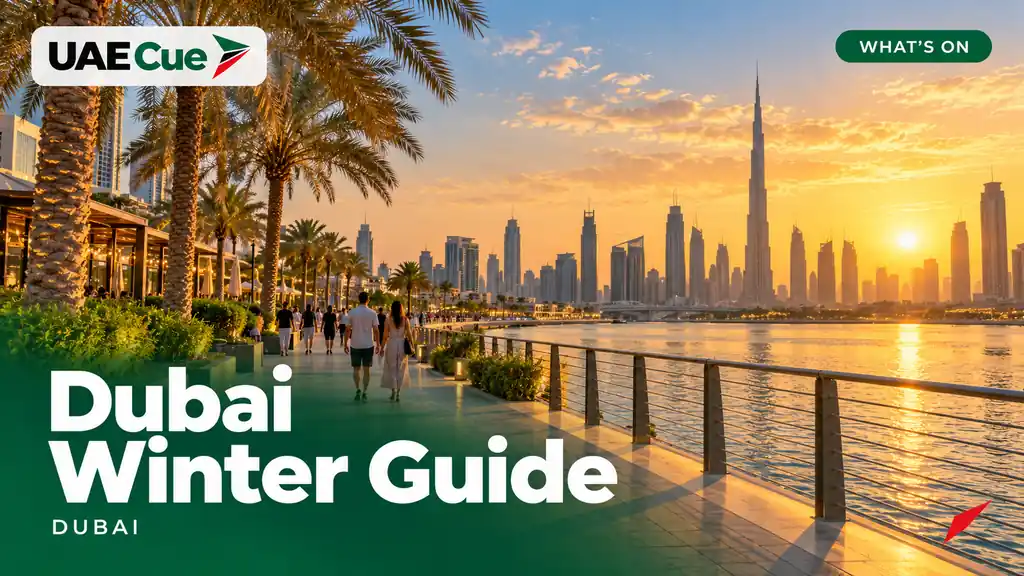 Editorial illustration for the Dubai Winter Guide guide, showing a palm-lined Dubai waterfront in soft sunlight.