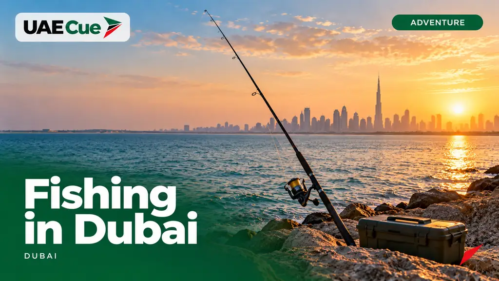Editorial illustration for the Fishing in Dubai guide, showing a fishing rod beside a calm coastal shoreline.
