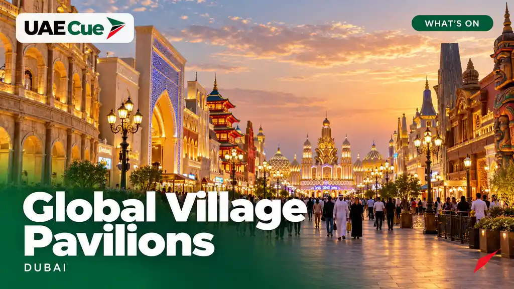 Editorial illustration for the Global Village Pavilions guide, showing decorated international festival pavilions.