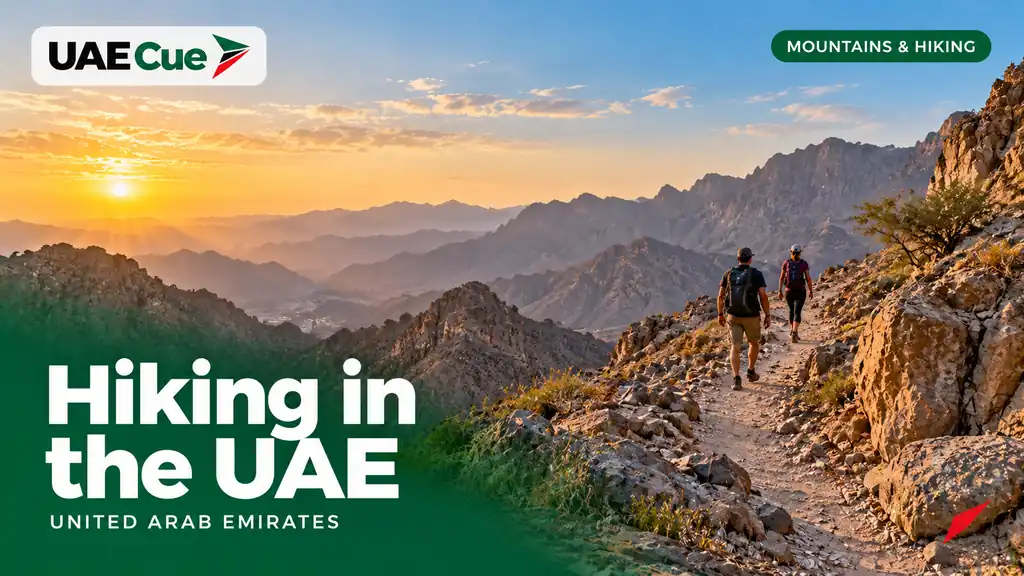 Editorial illustration for the Hiking in the UAE guide, showing hikers on a rocky trail in the Hajar mountains.