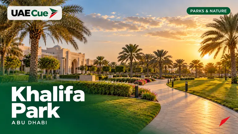 Editorial illustration for the Khalifa Park guide, showing palm-lined gardens and broad park lawns.