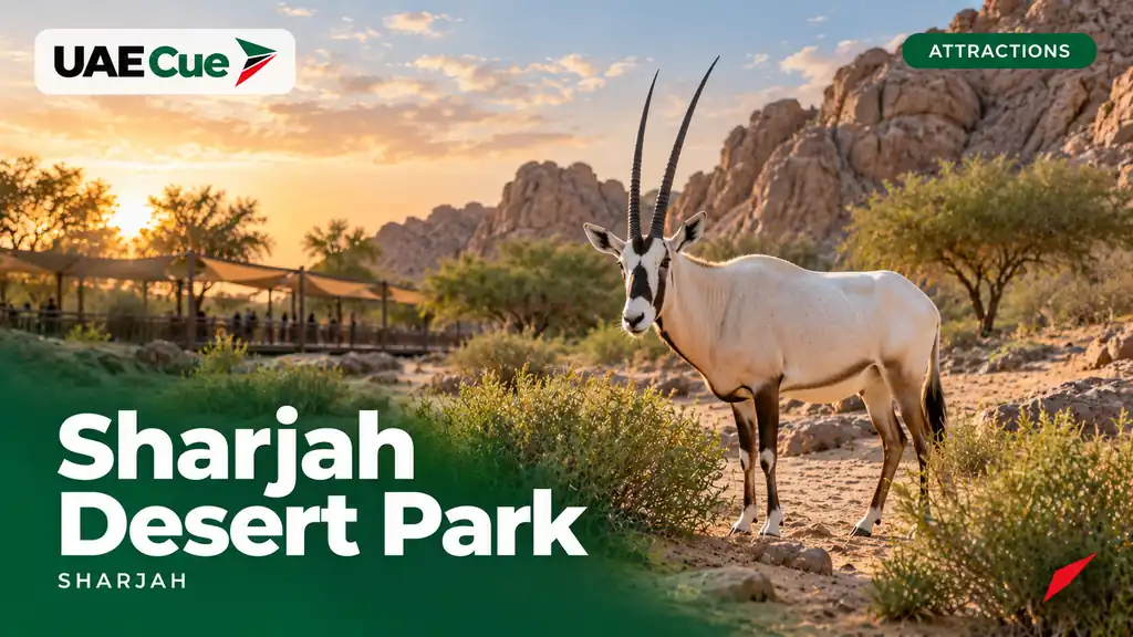 Editorial illustration for the Sharjah Desert Park guide, showing an Arabian oryx in a desert wildlife habitat.