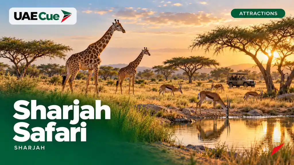 Editorial illustration for the Sharjah Safari guide, showing giraffes and antelope in open safari grassland.