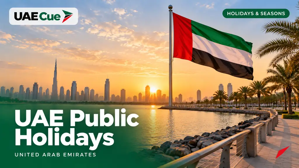 Editorial illustration for the UAE Public Holidays guide, showing a UAE flag beside a waterfront promenade.