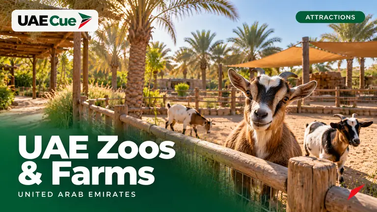 Editorial illustration for the UAE Zoos & Farms guide, showing small goats beside a shaded farm walkway.